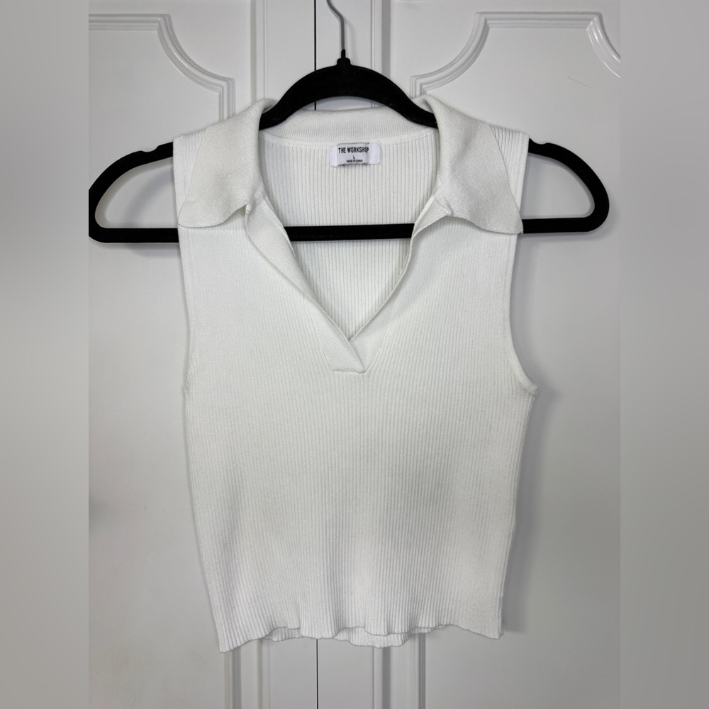 Workshop Republic Clothing White Ribbed V-Neck Collar Tank